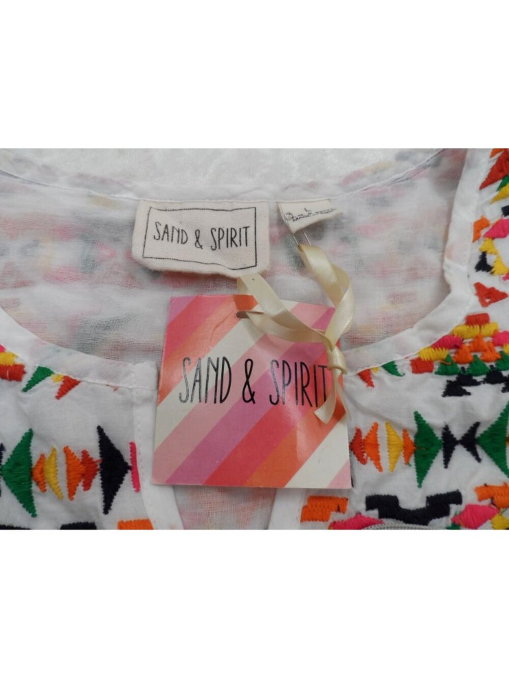 Sand & Spirit Boho Embroidered Mini Dress White Sundress Womens L New - Picture 8 of 10